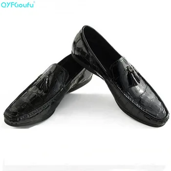 

QYFCIOUFU Mens Loafers Tassels Shoe Genuine Leather Slip On Flat Driving Boat Shoes Crocodile Pattern Classical Male Casual Shoe