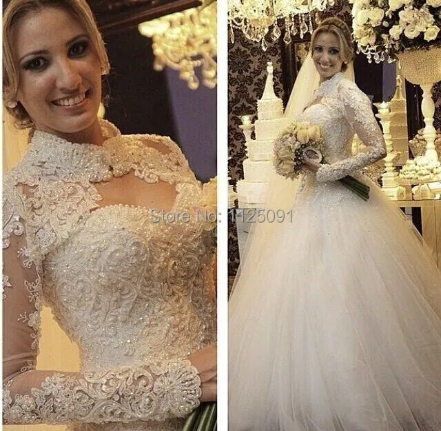 Свадебные платья больших размеров Vestidos De Noiva с кружевным высоким воротником и