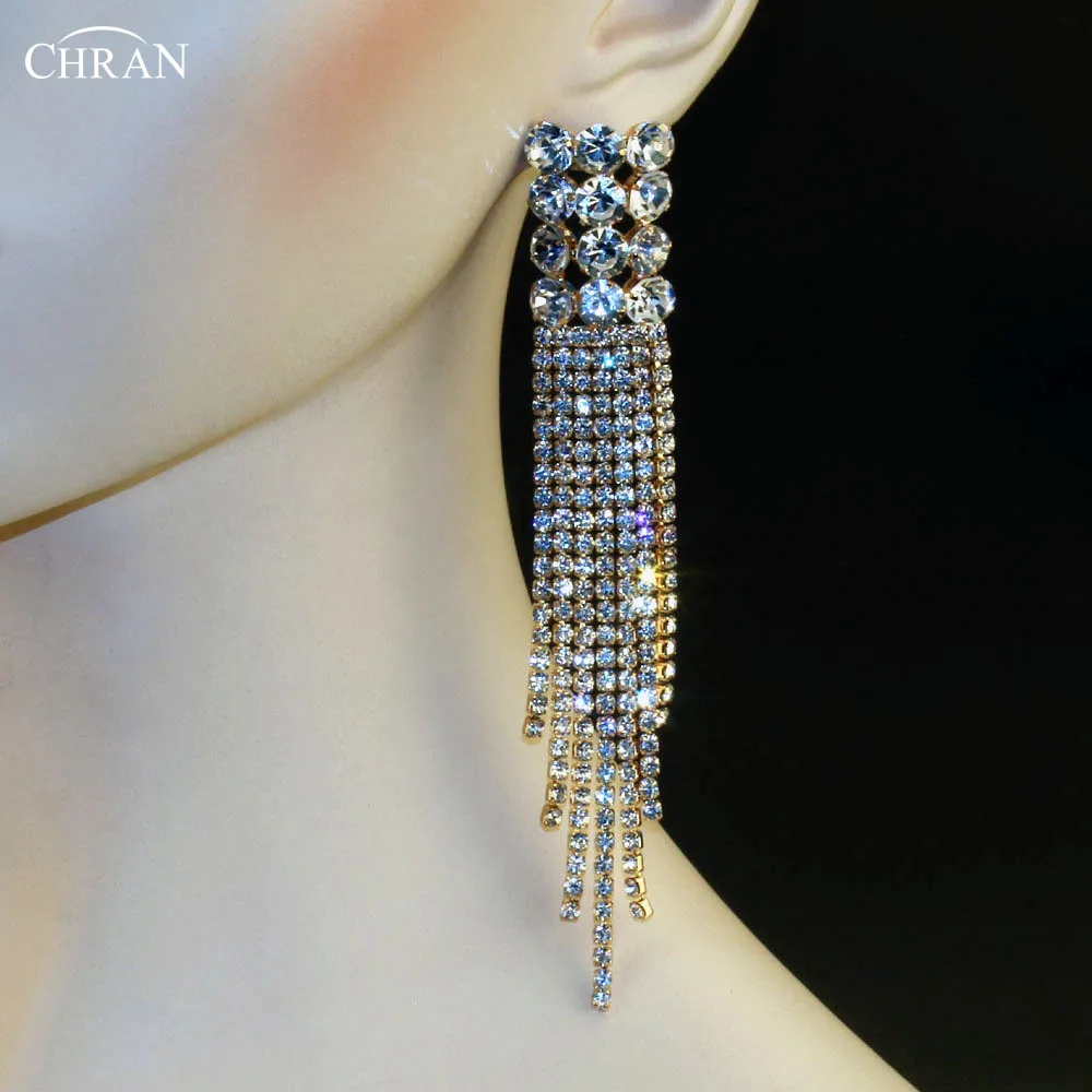

CHRAN Popular Long Tassels Earrings For Women Fashion Gold Color Crystal Rhinestone Earrings Statement Jewelry