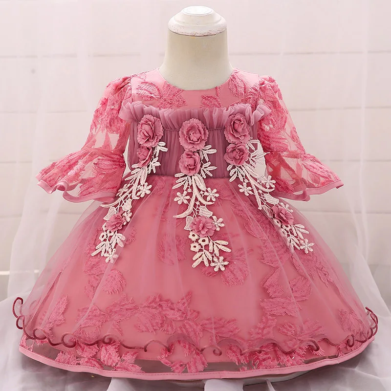 

2019 Baby Flowers Dress Kids Baptism Gown Dress childr princess clothes 1 Year Birthday Tutu Girl Dress baby clothing L1875XZ