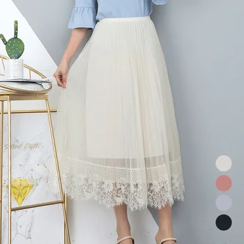 

2020 Summer New Arrival Mesh Pleated Skirt Women Elastic Waist Tulle Skirt Lace Stitching Faldas Largas Elegantes Free Shipping