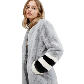 

2018 New Fashion Stripe Faux Fur Coat Women Warm Long Sleeve Outerwear Winter Coat Jacket Collarless Overcoat Plus Size F1