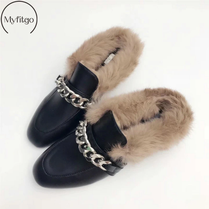 

Myfitgo Flat Mules Women Slippers Slip on Fur Shoes Rabbit Fur Metal Chain Decoration Lady Casual Outside Furry Slides Round Toe