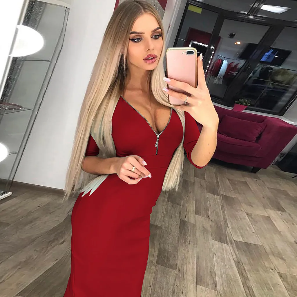 Sukienki damskie kleider damen Elbise Robe Femme женское платье с глубоким v образным вырезом на молнии