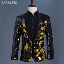Gold Black Sequin Glitter Blazer Jacket Men Fashion Shawl Collar Mens Flipping Blazers Stage Prom Nightclub Singer Costumes Suit new black men s blazers suit long sleeve gold appliques stage singer performance costume include jacket vest tie