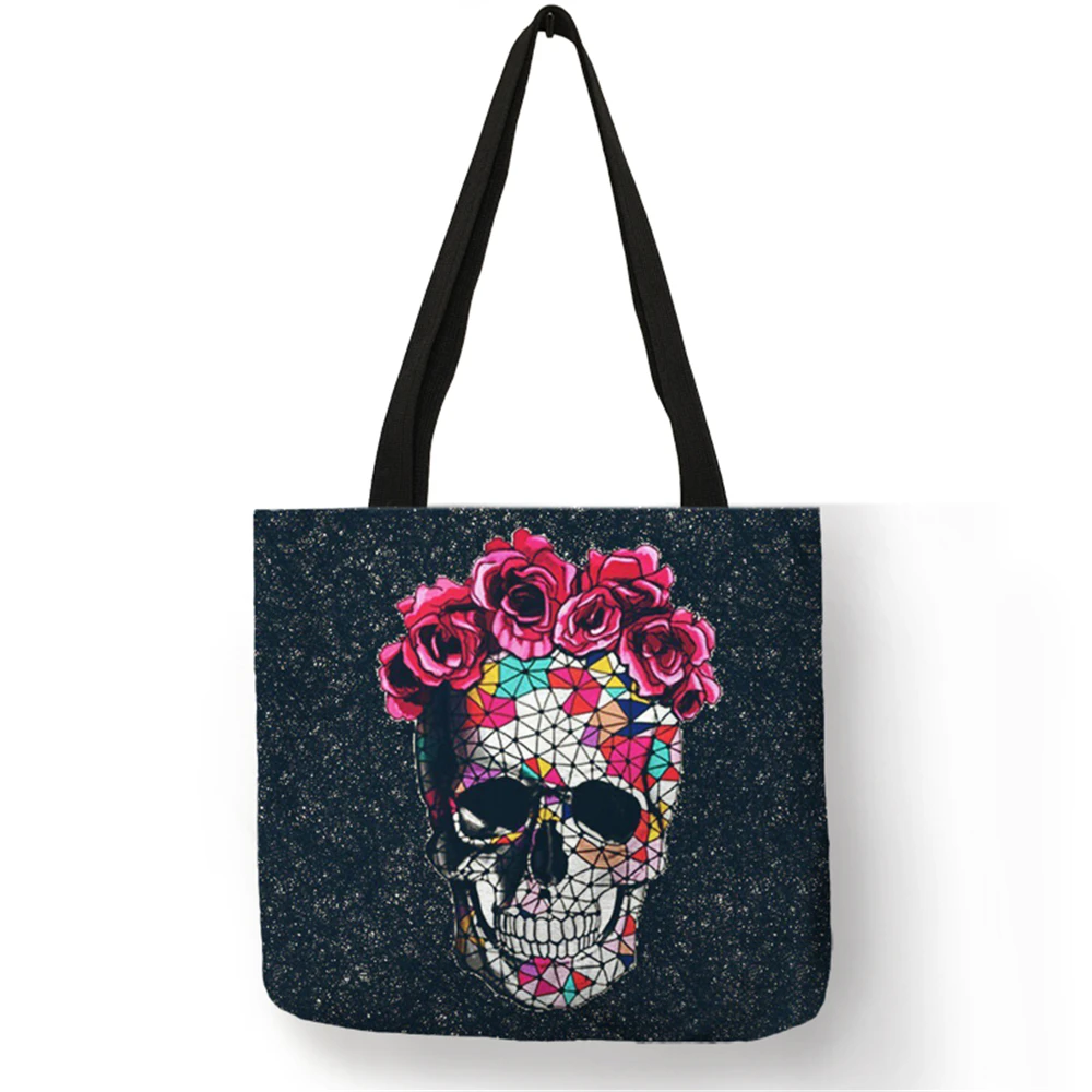 Floral Skull Print Linen Tote Bag Reusable Shopping Bags Folding Women Casual Handbags Lady Fabric Tote Bags