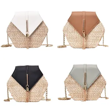 

2020 Fashion Exquisite Handmade Straw Rattan Woven Shoulder Bag Chain Crossbody Bag for Women Ladies Summer Beach Use Supplies