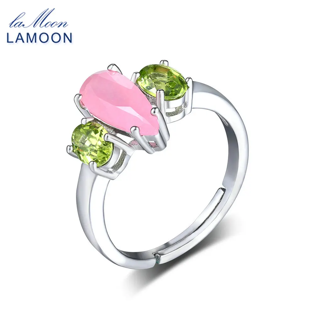 

LAMOON Rings Natural Pink Rose Quartz & Peridot S925 Adjustable Ring Silver Color 925-Sterling-Silver Gemstone Fine Jewelry 2018