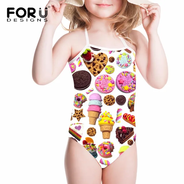 Best Price FORUDESIGNS Girls Swimwear Kids Children's Swimsuit 3D Cute Cookie Ice Cream Printing One Piece Swimming Suit for Baby Bikinis 