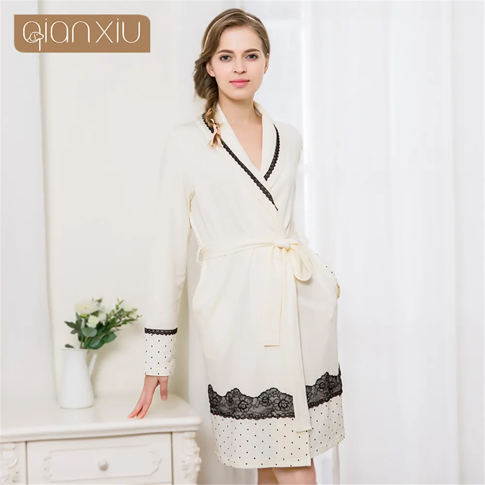 Qianxiu womens sleepwear robes Solid Cotton Kimono Robes With Lace Trim