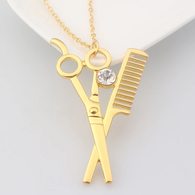 Newest Crystal Gold Scissors Comb Necklaces & Pendants Gold chain Necklace for Women and Men