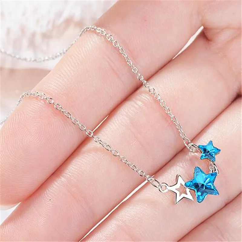 LULU-PIG, новинка, серебро 925 пробы, искусственный синий кристалл, ожерелье с женскими пятиугольными звездами, короткая цепочка на ключицы DZ381