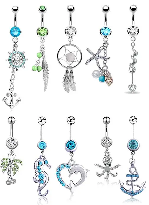 10 Pcs Dangle Belly Button Rings for Women Girls 316L Surgical Steel