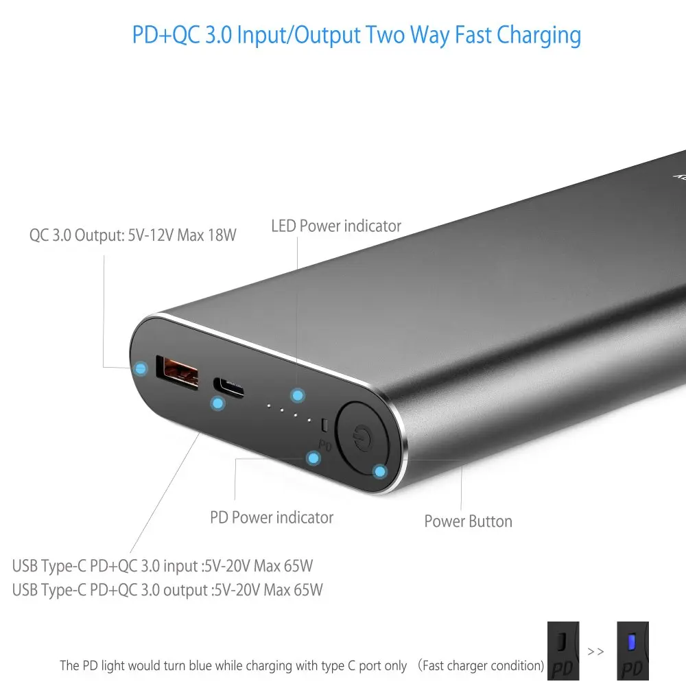 PD+QC with USB Type-C Input / Output and QC Output for New MacBook Pro Nintendo switch iphone Mi notebook USB Type-C Laptops