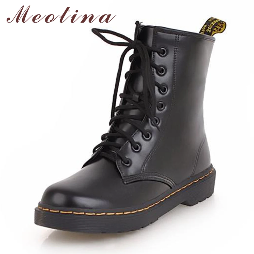 

Meotina Women Martin Boots Winter Shoes Round Toe Flat Ankle Boots Lace Up Motorcycle Boots Ladies Footwear White Red Black 4-43