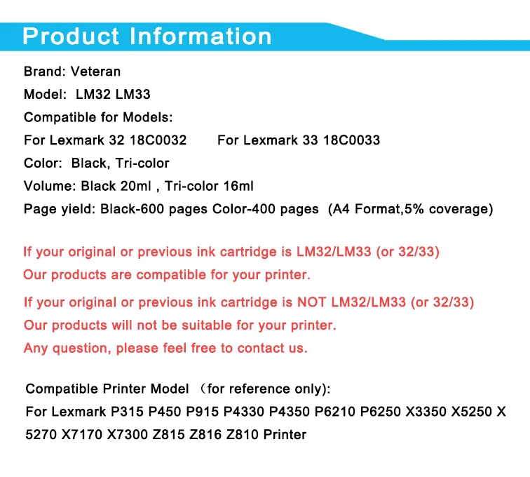 Ветеран Размеры: 32, 33, картридж для Lexmark 32 33 чернильный картридж для X5410 X5450 X5470 X7300 X7350 X8310 X8350 Z800 Z805 Z810 Z812 принте