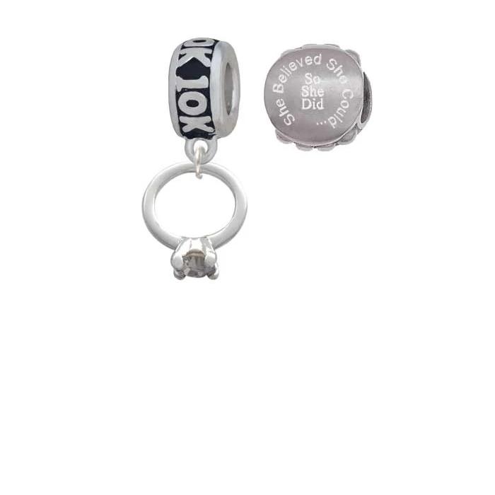 Silvertone Small Engagement Ring with Crystal 10K Run She Believed She Could Charm Beads (Set of 2)