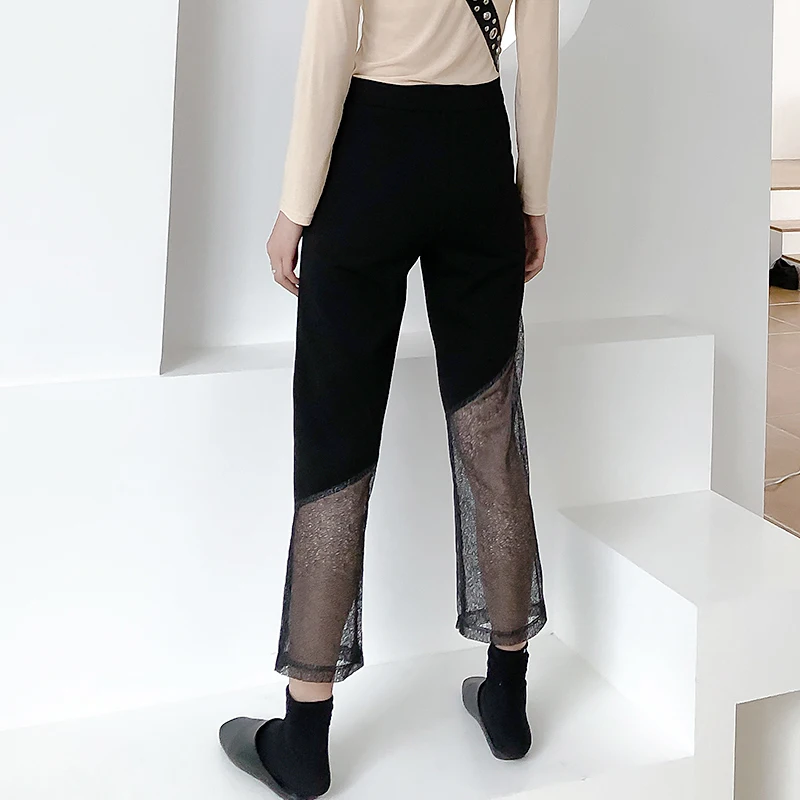 

[EWQ] 2019 Summer New High Quality Patchwork Lace Straight Pants Women High Waist Oblique Side Hollow Perspective Trousers QJ520