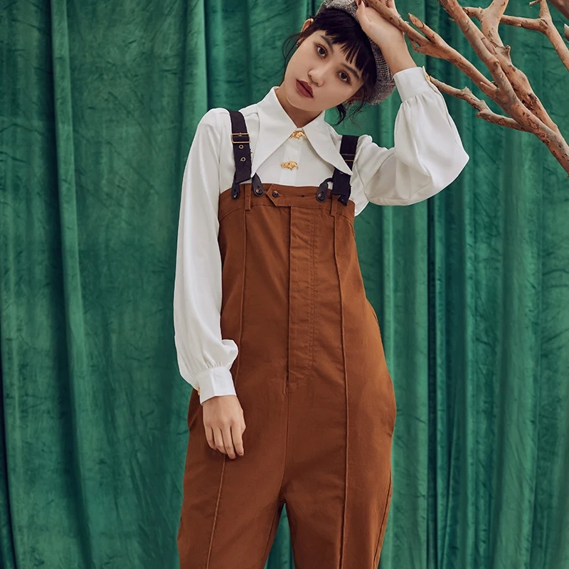 

LYNETTE'S CHINOISERIE Spring Autumn Original Design Women High Waist Overalls Pants