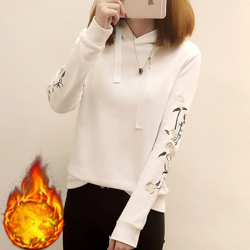 Women Hoodies Sweatshirts Floral Embroidery Sweatshirts Long Sleeved Thick Casual All match