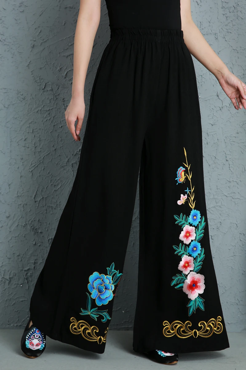 Новая мода Национальный тренд китайский стиль весна широкие брюки для женщин; большие размеры с эластичным поясом черный вышивка капри jnz0901