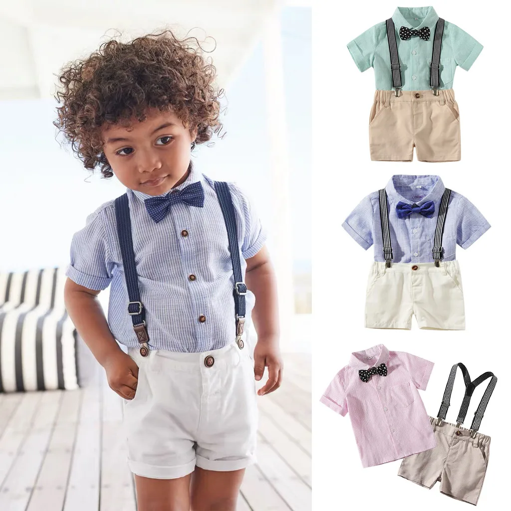Kids Baby Boys Summer Gentleman Bowtie T-Shirt Tops Suspenders Shorts Pant Set 
