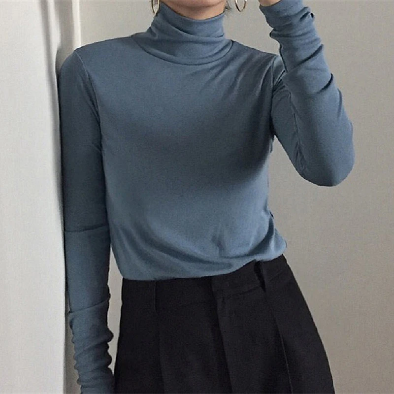 T-Shirt Women Long-Sleeve Korean Turtleneck Harajuku Black White 90s-Tops Spring Solid