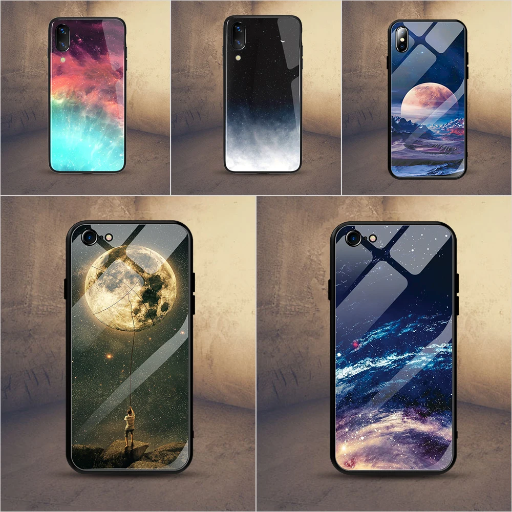 

Glossy Space Planet Stars Phone Case For iPhone XS Max XR X 8 Luxury Glass Hard Back Cover For iPhone 8 7 6 6s Plus Cases Coque