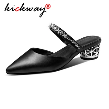 

Casual Woman Sandals Genuine Leather Medium Square Block Heel Pointed Toe Ankle Strap Red Black Party Office Lady Sandals 34-42