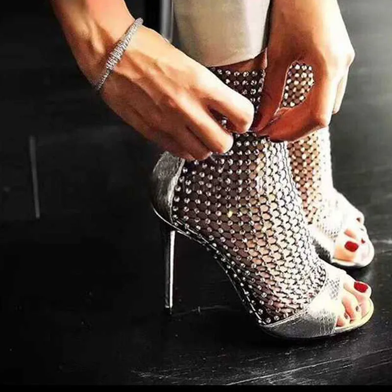 

Sexy Wedding Shoes Women Rhinestone Cutouts Leather Peep Toe Gladiator Sandal Boots Women Summer High Heels