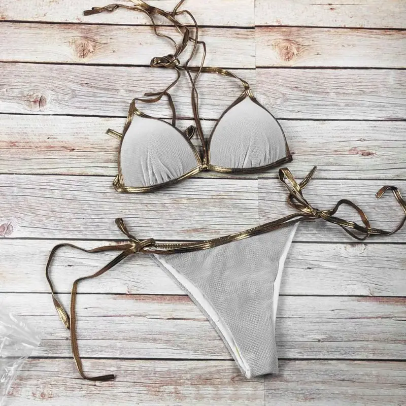 

new Set Ruched Underwire Triangle Bra Low Waist Side Tie Thong Solid Mesh Patchwork Glitter Metallic Strap Swimsuit 6 Styles