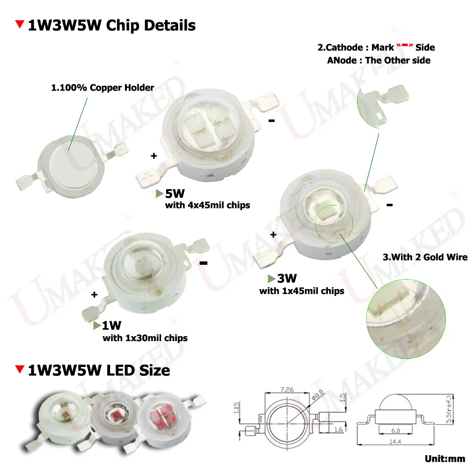 UMAKED High Power LED Chips 1W 3W 5W 10W 20W 30W 50W 100W Bulb SMD COB Diode Red 620-625nm Deep Red 660nm for Grow Lights Source
