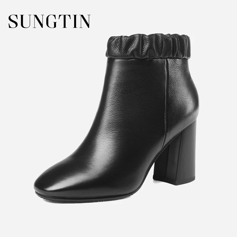 

Sungtin Women Genuine Leather Basic Ankle Boots Ladies Fashion Pleated Round Toe Square High Heels Autumn WIinter Short Boots