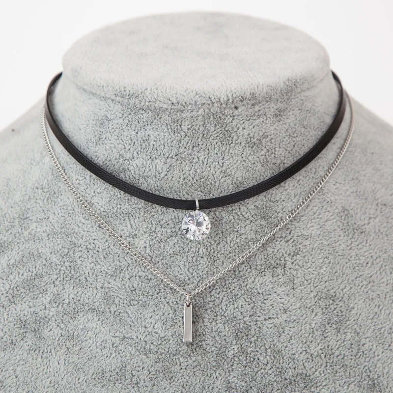 Fashion Cubic Zirconia Pendant Choker Necklace women Double Black Velvet Leather chockers chain Collier Boho font