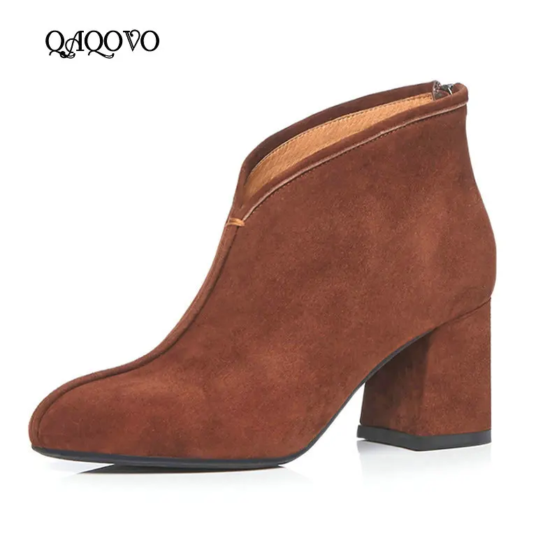 

Women Suede Fashion Zipper Boots Comfort Square Heel Ankle Boots 2019 Fall Winter Round Toe Women Boots Black Gray Brown