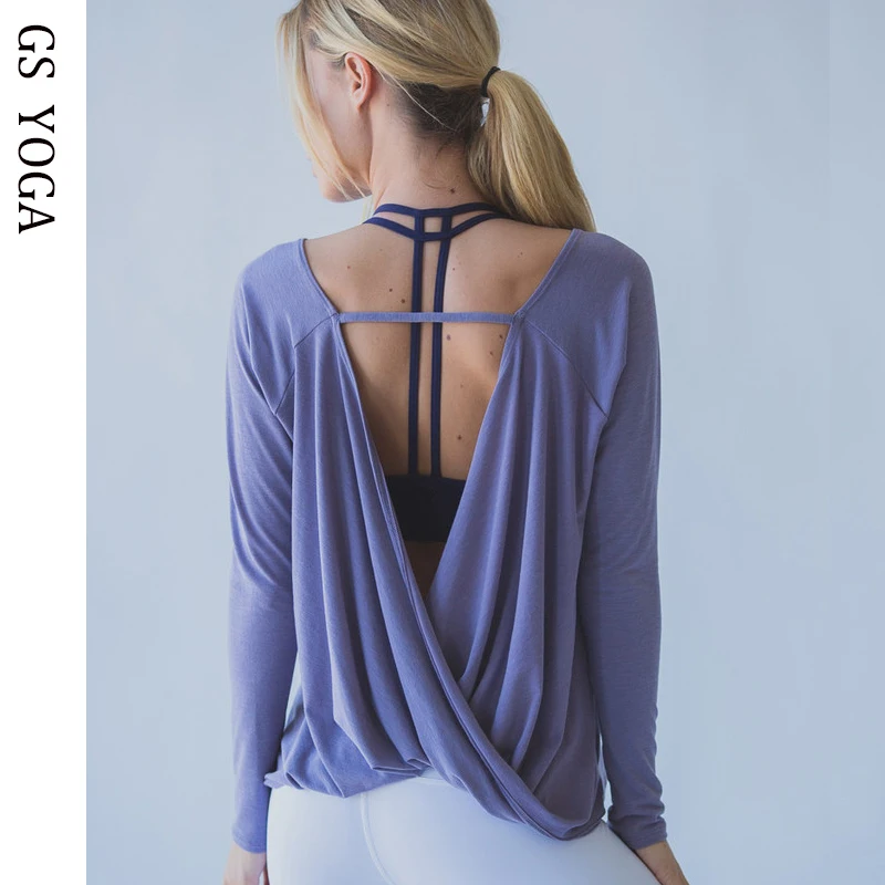 Blusas de Treino de Secagem Abertas para trás Yoga Camisas de Manga Activewear para Correr Camisas Femininas Rápida Esportivas Topo Longa G-355
