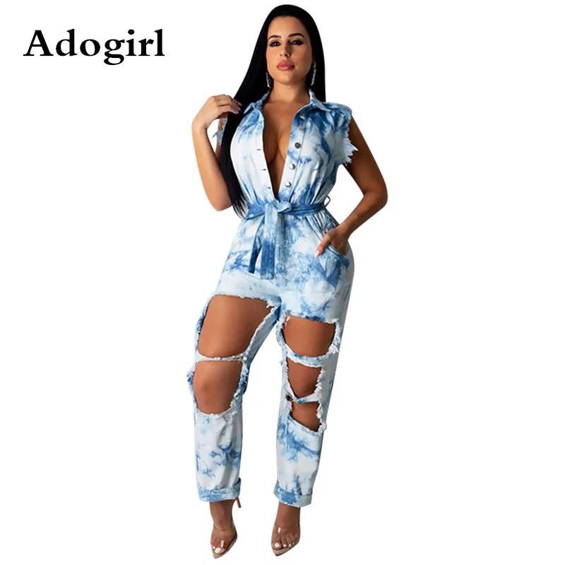 Adogirl Fashion Sexy Holes Jeans Jumpsuit Women Overalls Buttons Pockets Sleeveless Soft Loose Casual Denim Romper Streetwear