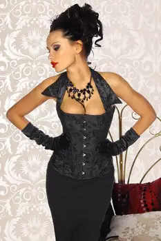 

Lady Sexy Black Overbust Corset Top Black Lace Up Back Brocade Corset with Collar