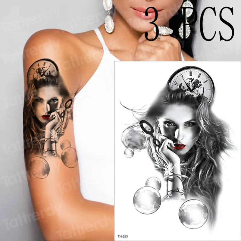 

3PCS/lot Mask girl Bubble clock women shoulder tattoo geisha halloween temporary tattoos sticker joker black and white deisigns