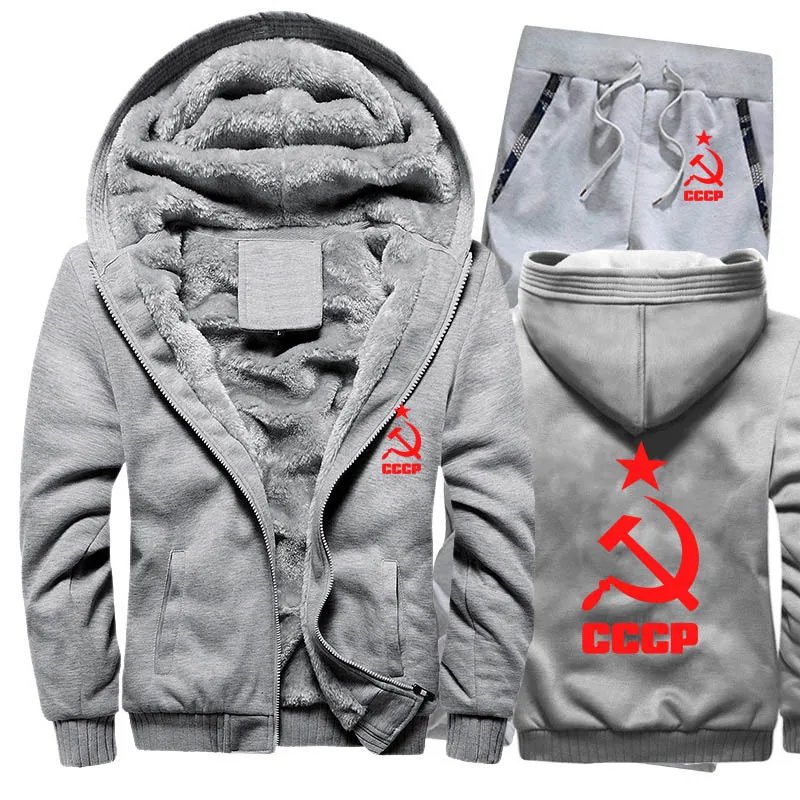 Зимний флисовый утолщенный спортивный костюм CCCP, русские толстовки с капюшоном, мужской комплект, повседневный теплый комплект из 2 предметов, толстовки с капюшоном в советском стиле, куртка+ штаны - Color: 819