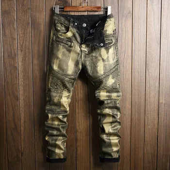 

Envmenst Fashion Men Jeans Washed Stretch Straight Denim Pants Zipper Paint Color Locomotive Style Jeans