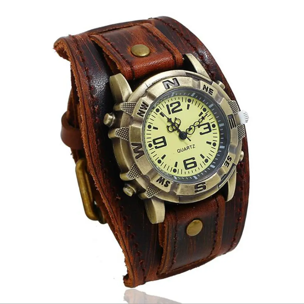 Винтажные Ретро Большие широкие часы с ремешком из натуральной кожи, мужские панк кварцевые часы-манжета, наручные часы, браслет, браслет, relogio masculino