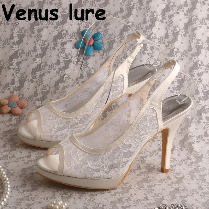 

Women Lace Mesh Summer Sandal Ivory High Heel Wedding Bridal Shoes Peep Toe