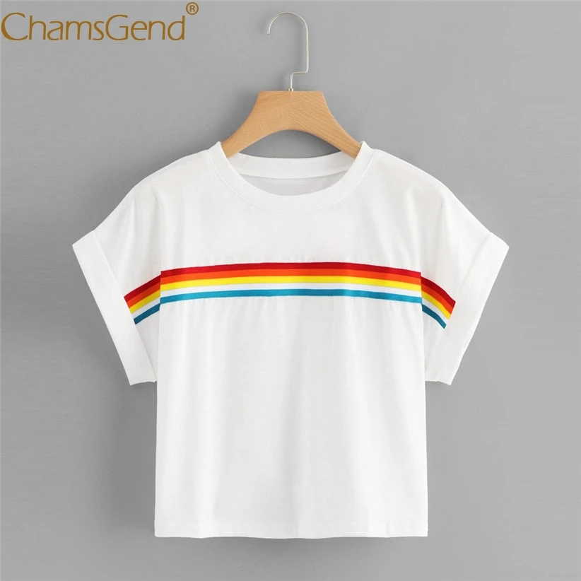 

Rainbow Striped Woman Short Sleeve Crop Top Shirts Women Girls Summer Casual Round Collar White Black T-Shirt 90226