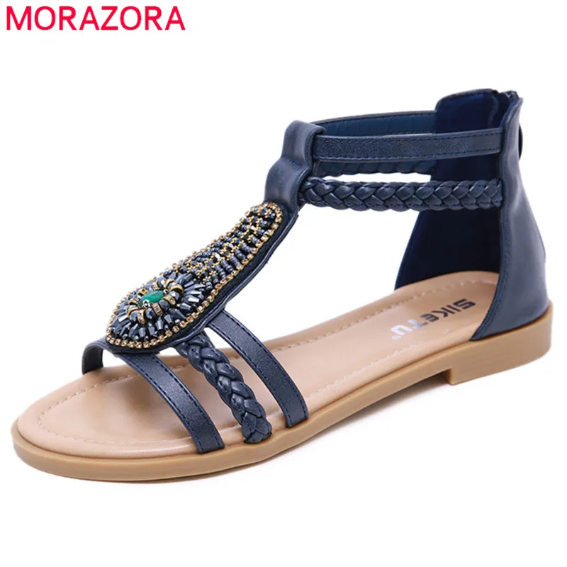 

MORAZORA 2019 big size 42 Bohemian style sandals women bead simple summer sandals zipper beach casual shoes woman flat sandals