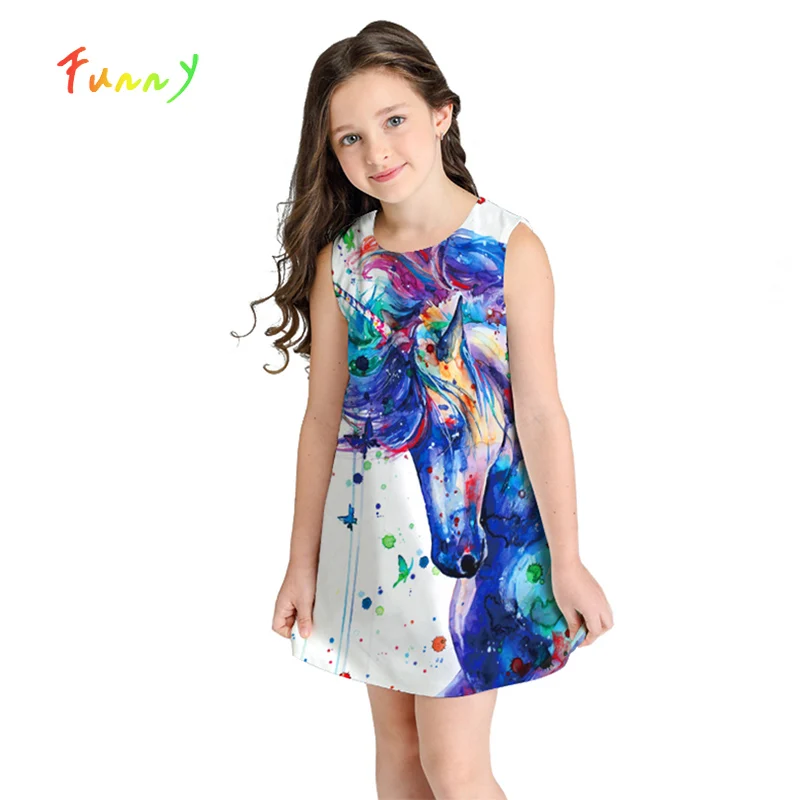 

White Dress Girl Summer 2019 Hot Unicorn Dress Sleeveless Cartoon Printed Girls Princess Dress for Kids Clothes 8 10 12 Years