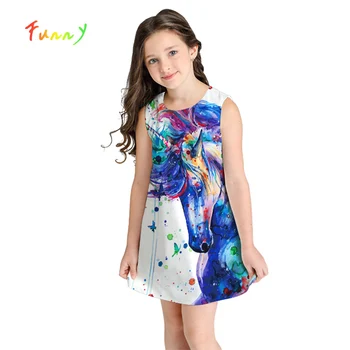 Белое Платье милое платье с рисунком единорога для девочек мини-платье без рукавов, а-силуэта, платье принцессы для девочек, детская одежда ...