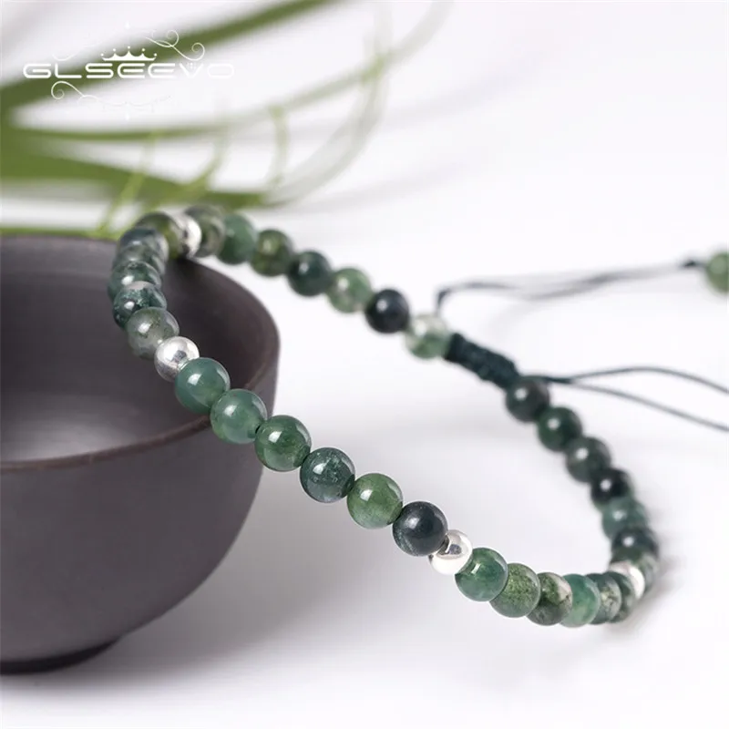 

GLSEEVO Handmade 925 Sterling Silver Beaded Bracelet Simple Natural Water Agate Adjustable Bracelet Female Fine Jewelry GB0034
