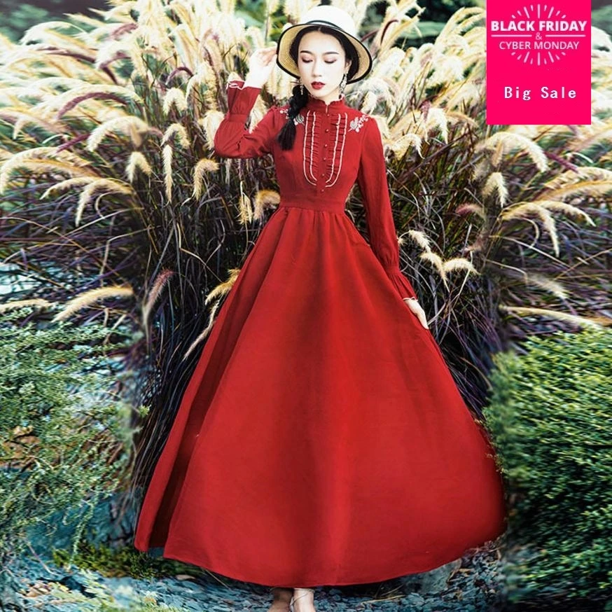 

Palace embroidered imitation velvet cashmere red dress horn sleeve thicker autumn and winter Slim big swing dress wj1873