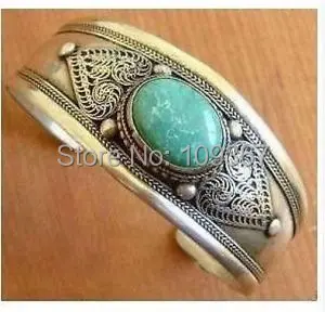 

Man's pretty A Pair Fancy Unusual tibet silver stone men's cuff bracelet Gift wholesale 2pcs Jewelry Men Woman bracelets